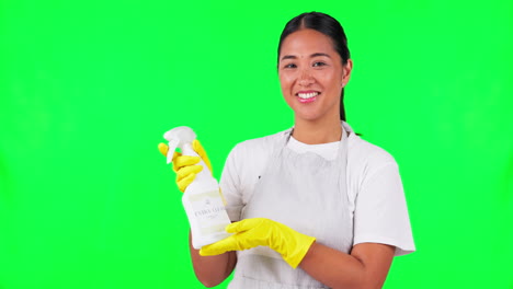 cara, pantalla verde y mujer asiática de limpieza