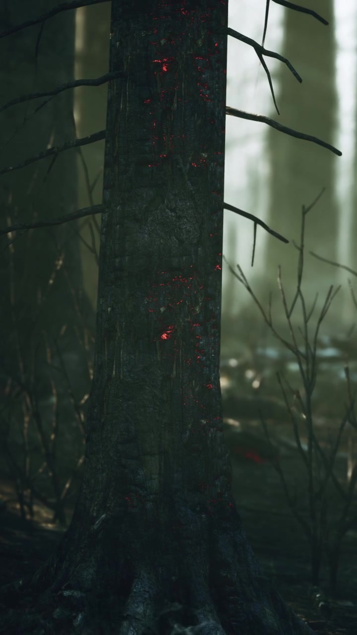Tree shows signs of burning in a forest during daylight hours