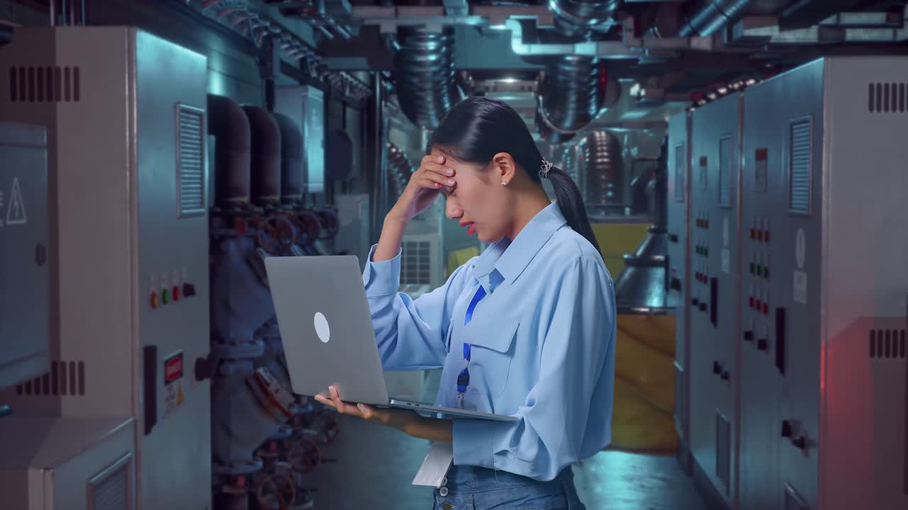 Side View Of An Asian Female Professional Worker Use Laptop In Engine Control Room,  She Is Nodding Her Shead With Dissapionted