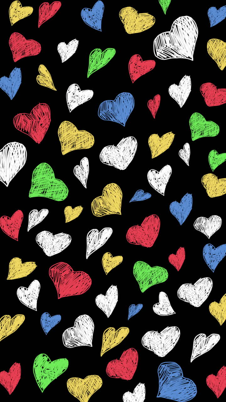Loop animation of colorful sketch hearts. Doodle hearts on set hand drawn style. Love symbol. Vertical video.