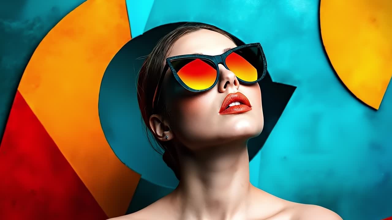 A woman wearing a pair of sunglasses with red lipstick