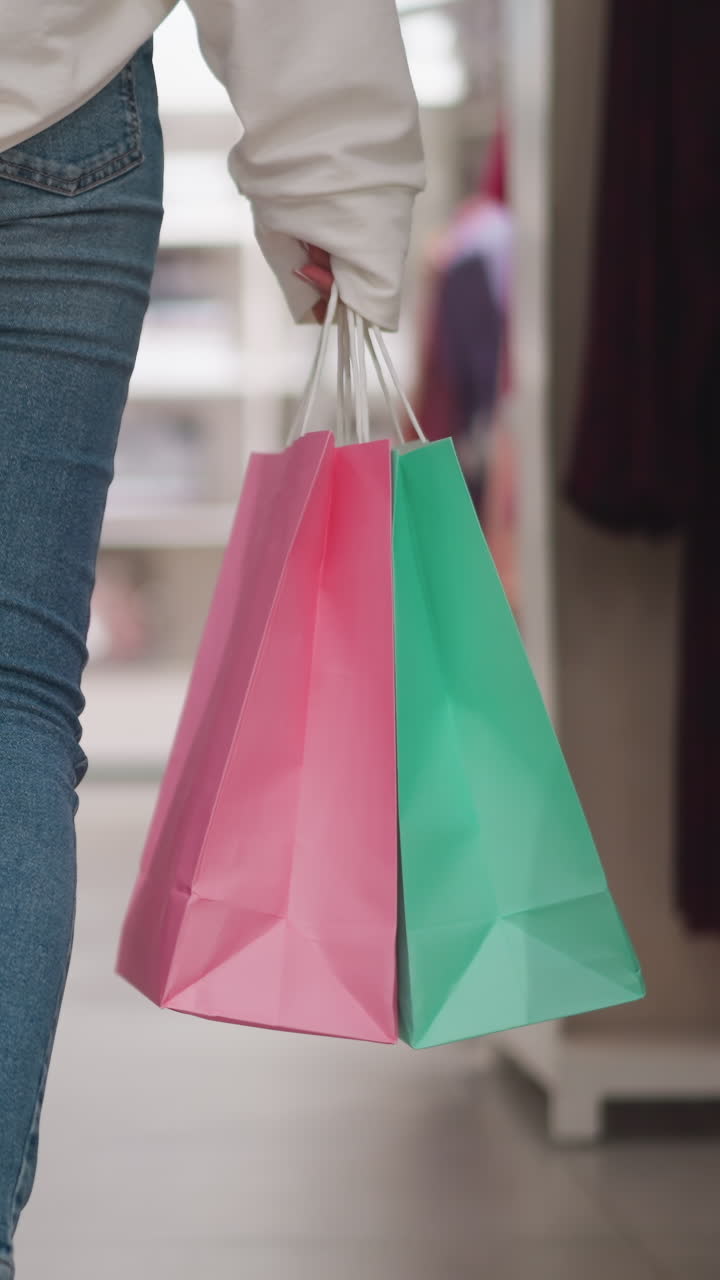 vista trasera de la dama caminando con gracia a través de la tienda de ropa al por menor, llevando bolsas de compras rosadas y verdes de colores en un entorno comercial bien organizado