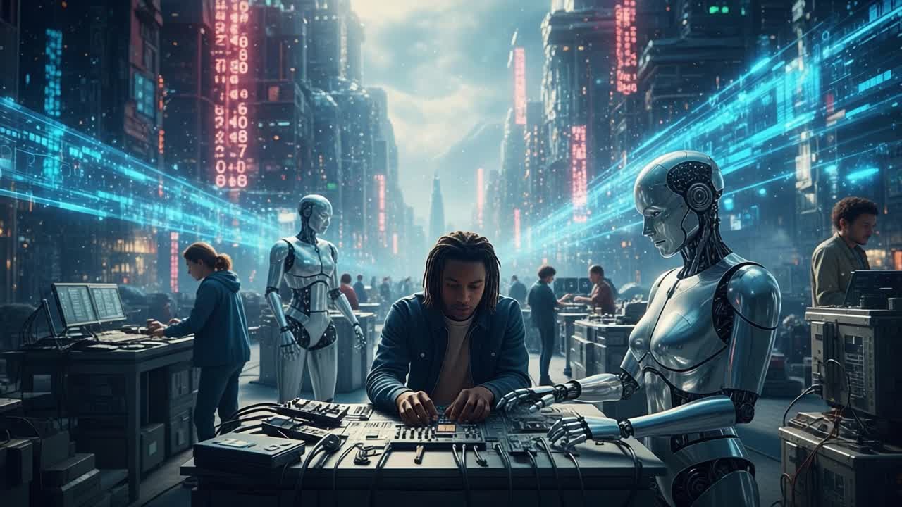 A Futuristic Scene Where Humans and Robots Collaborate in a High-Tech Urban Environment, Merging Technology with Human Ingenuity in an Inspiring Symphony of Innovation
