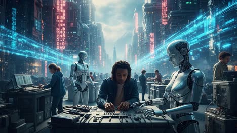 a futuristic scene where humans and robots collaborate in a high-tech urban environment, merging technology with human ingenuity in an inspiring symphony of innovation