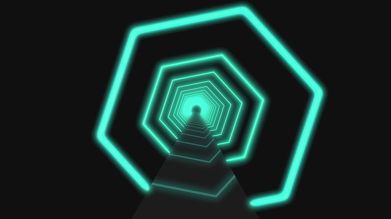 빛나는 회전하는 네온 육각형으로 터널을 만드는 파란색, 빨간색, 분홍색, 보라색 스트럼, 형광 자외선, 현대적인 다채로운 조명, 4k 루프 애니메이션