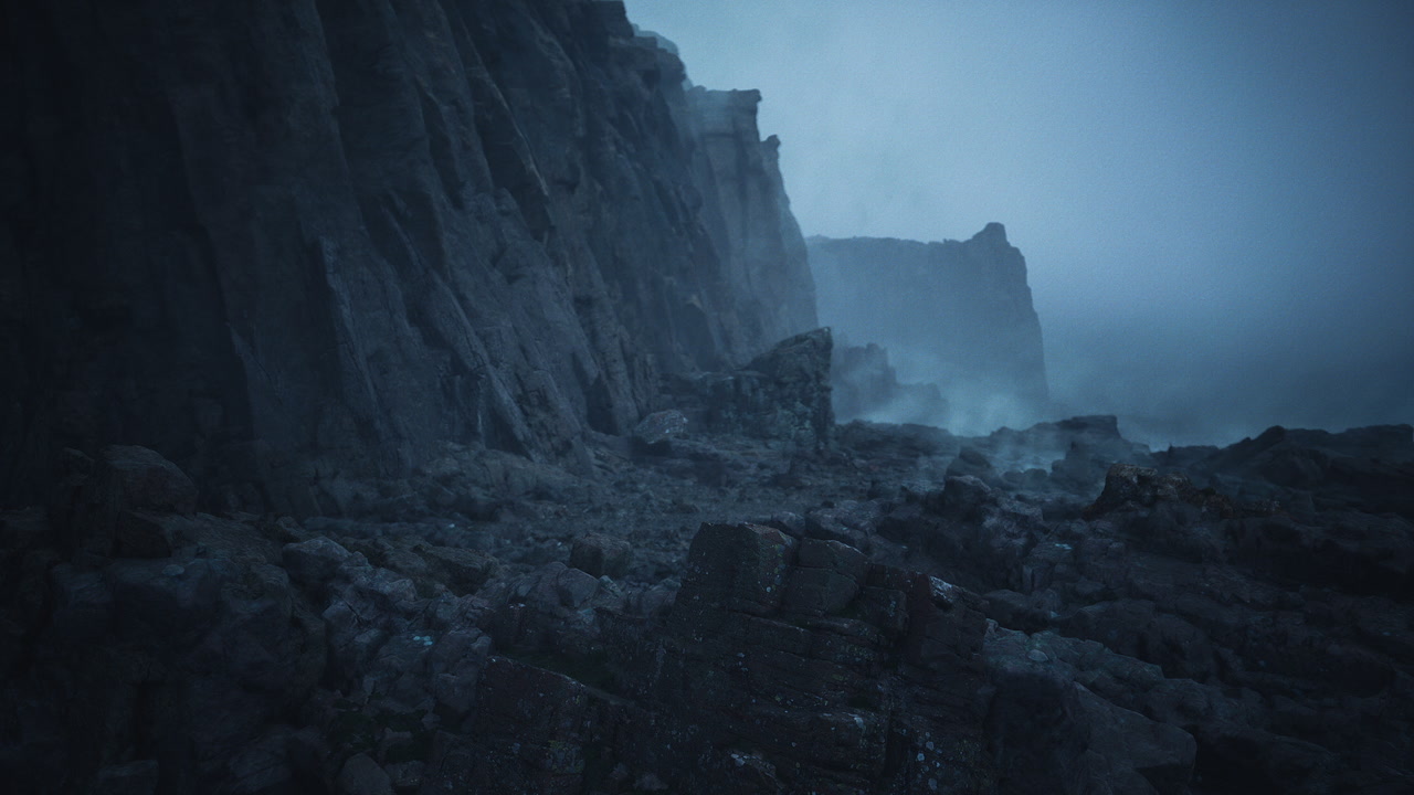 Remote rocky coast during dusk with ominous weather conditions