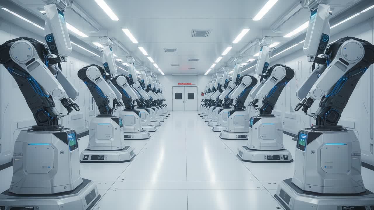 Advanced Robotic Solutions: A Futuristic Manufacturing Facility with Assembled Robotic Arms in a High-Tech Environment Demonstrating Automation and Precision Engineering