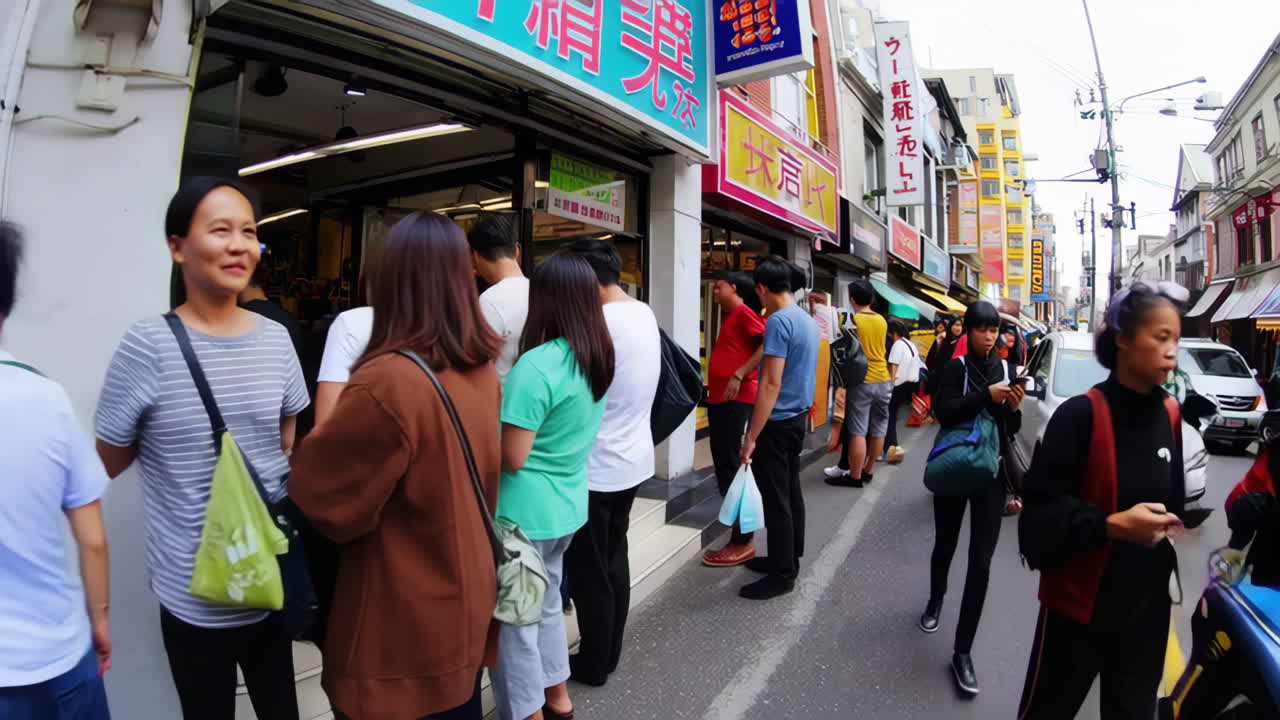 Bustling Street Scene in an Asian City with Pedestrians and Shops
