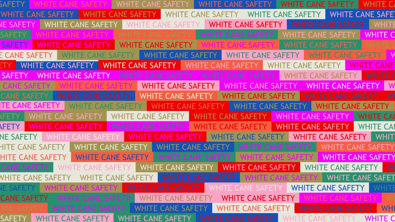 White Cane Safety. background. seamless pattern. loop mosaic animation. banner or backdrop with multicolored, flashing text icons