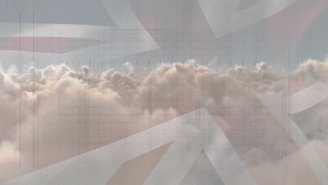 Animation-of-data-processing-over-clouds-and-flag-of-uk