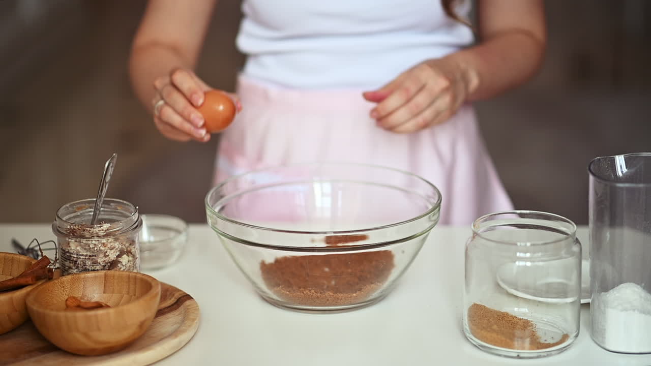 Close up of woman mixing dry ingredients in a glass bowl on a kitchen table while preparing homemade baked goods