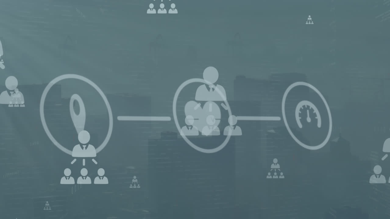 animación de iconos digitales y red de iconos de perfil contra la vista aérea del paisaje urbano