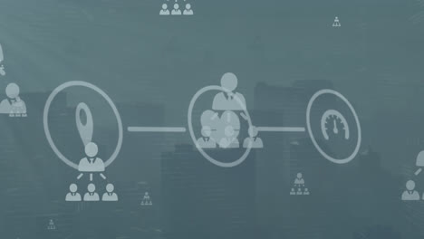 animation of digital icons and network of profile icons against aerial view of cityscape