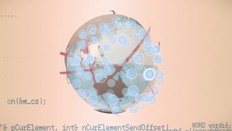 animación de un globo hecho de iconos tecnológicos y procesamiento de datos sobre fondo naranja