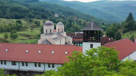 orthodox monastery mileseva in the mountains aerial establishing shot