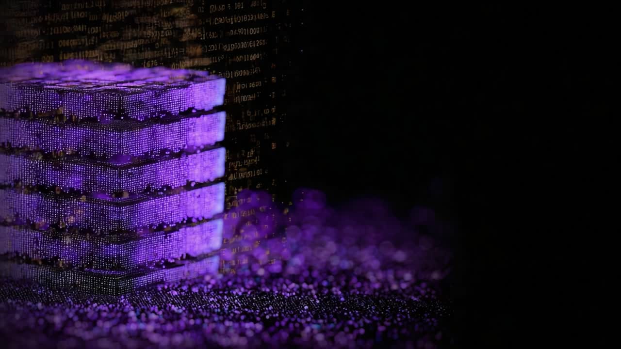 Purple digital particles flowing from a futuristic data server stack made of binary code, representing information processing, machine learning, and artificial intelligence on a black background