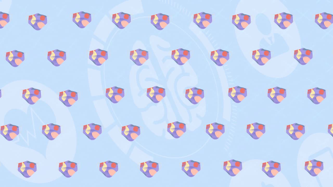 파란색 배경 위에 다채로운 얼굴 마스크 아이콘의 애니메이션