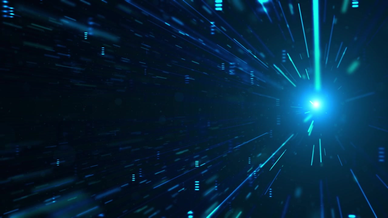 Futuristic blue data burst visual with radiant glow forward motion streaks and dark space particles