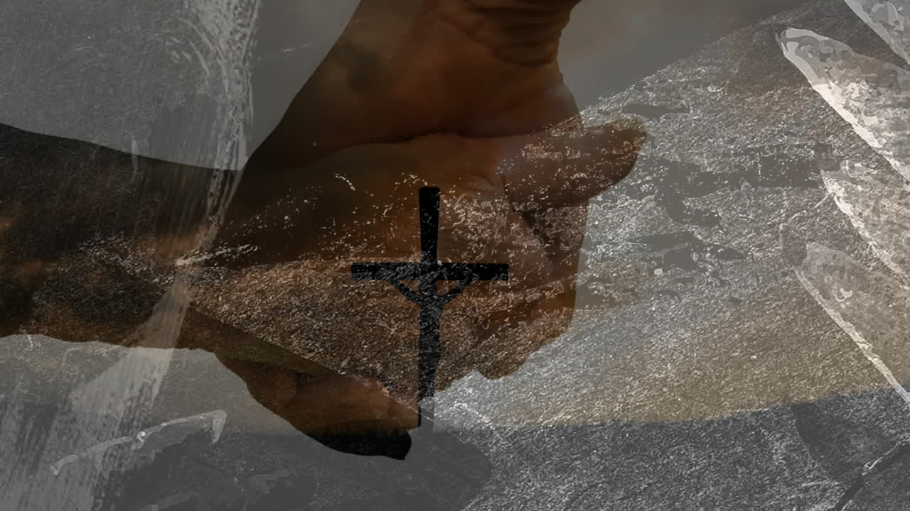 Hands holding with cross symbol, creating animation on textured background