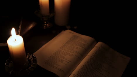 above shot of holy bible lit by candle light in a hidden, dark place