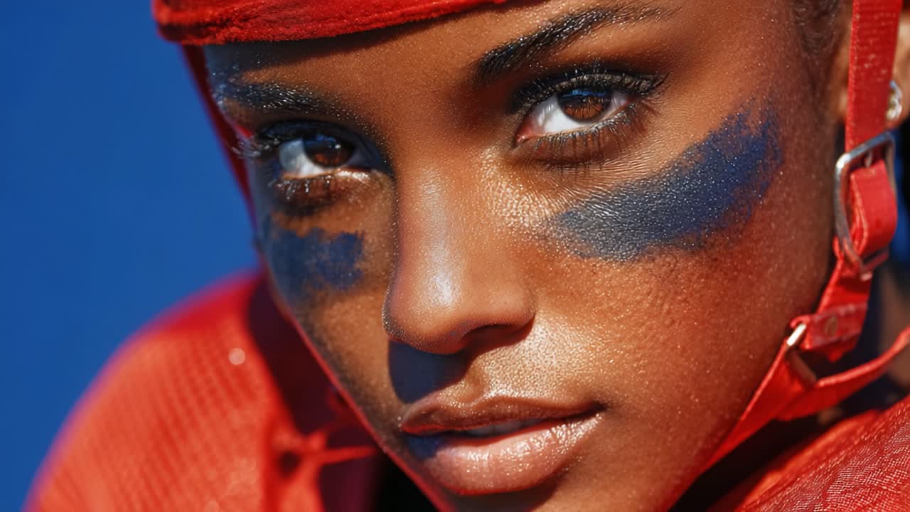 Dynamisches Porträt eines Athleten/einer Athletin aus nächster Nähe mit auffälligem Make-up, das die Intensität und den Fokus in ihren Augen einfängt, vor einem kräftigen blauen Hintergrund