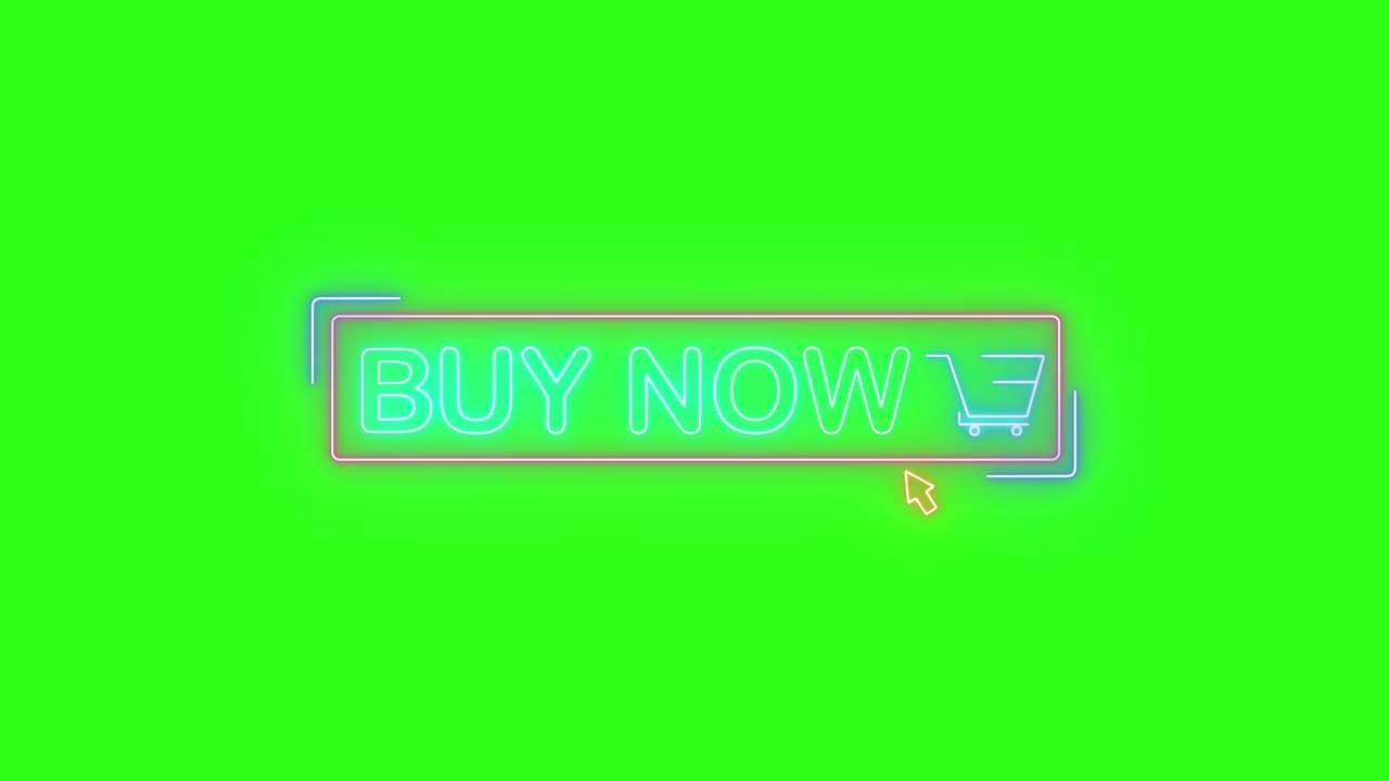 Pulsante neon incandescente "Acquista ora" con icona del carrello e cursore che fa clic su sfondo verde