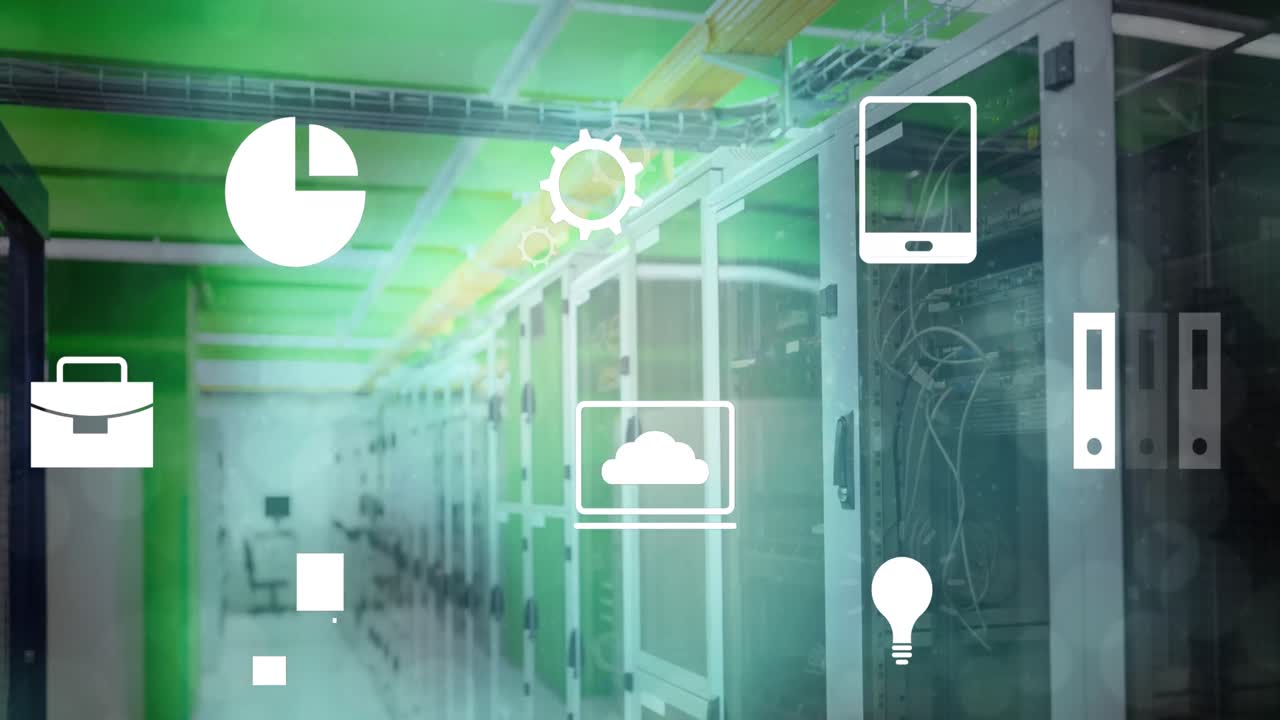 animación de múltiples iconos digitales y puntos de luz contra la sala del servidor de la computadora