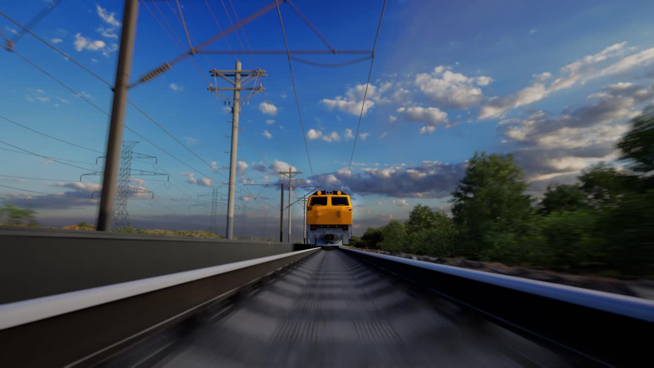 A Freight Train Hauls Shipping Containers Through The Landscape, Sunset And Blue Sky