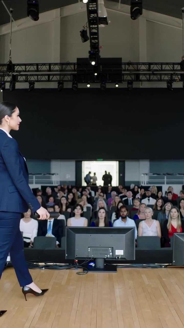Video verticale: Entra da sinistra, presentatore in abito blu scuro che tiene un microfono e cammina verso il centro per parlare.
