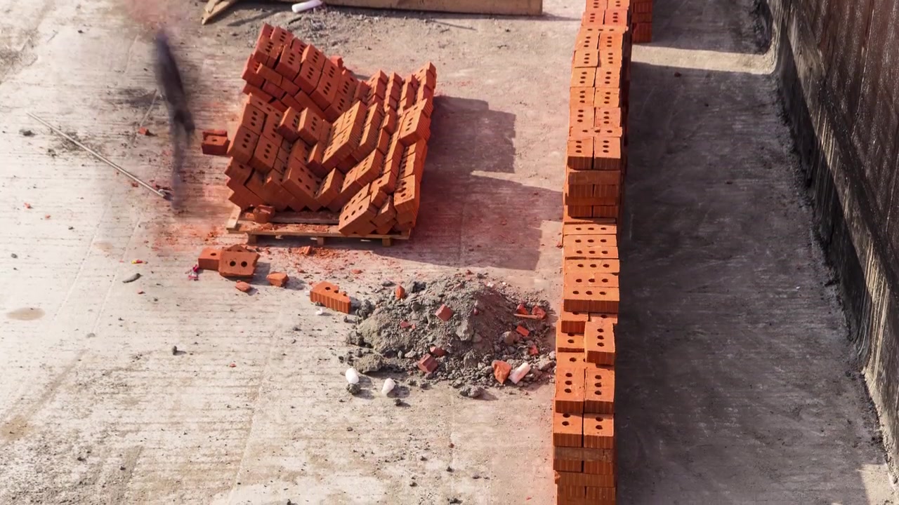 Construction mason worker bricklayer installing red brick on moscow metro building timelapse
