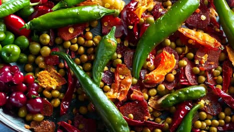 a close up of a bunch of green and red peppers and peas