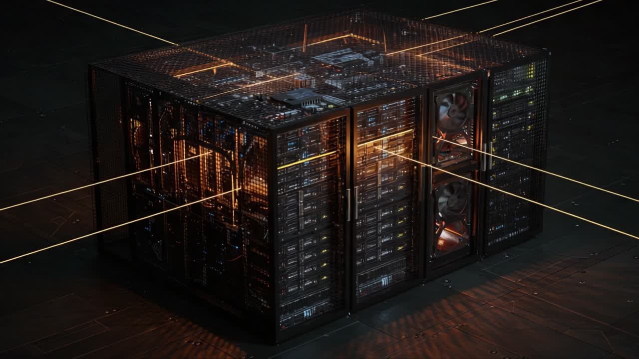 Advanced Data Server Configuration Showcasing Intricate Hardware Components in Dim Lighting with Illuminated Elements for High-Performance Computing Applications