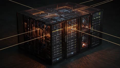 advanced data server configuration showcasing intricate hardware components in dim lighting with illuminated elements for high-performance computing applications
