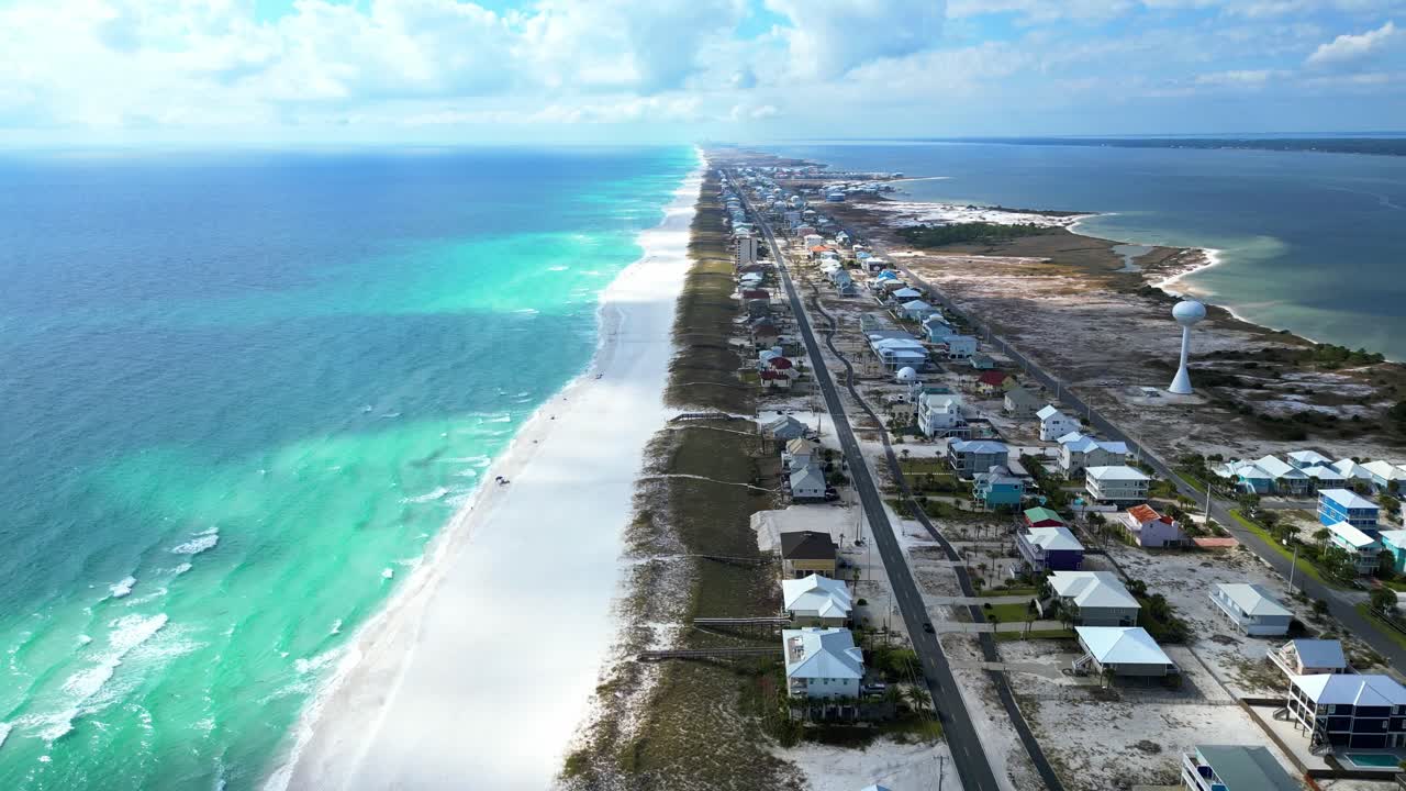 4K drone shot over Navarre Beach, Florida, captured with DJI Mini 3 Pro. Clear blue water, crisp white sand, and beachfront hotels create a bright, stunning coastal aerial scene