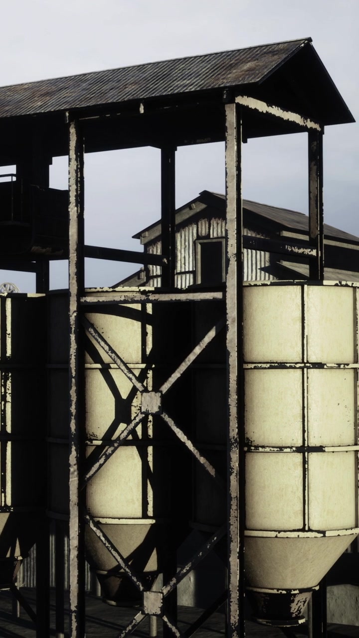 Antiga estrutura industrial com silos sob céu nublado durante o dia
