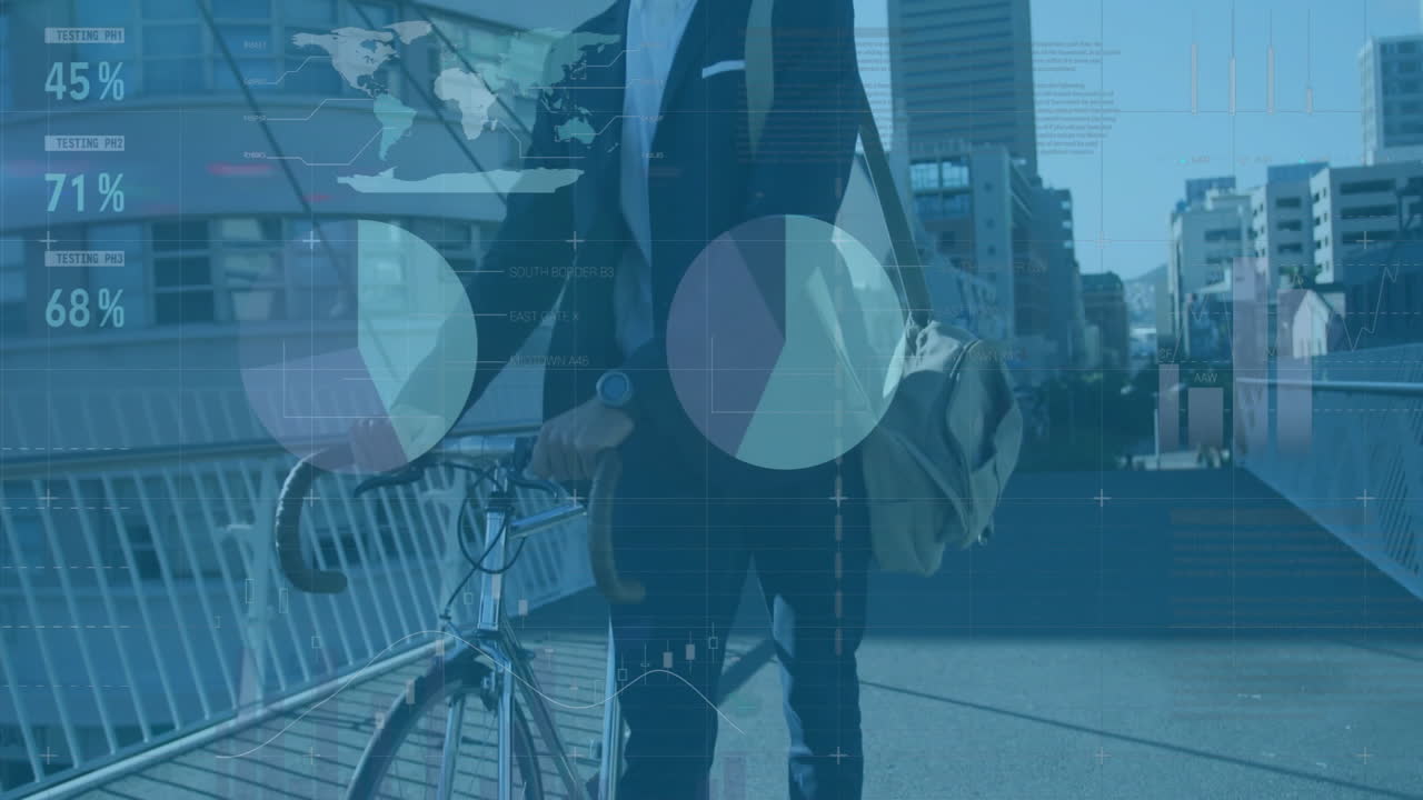 Businessman walking with bicycle, data analytics animation over cityscape