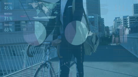 businessman walking with bicycle, data analytics animation over cityscape