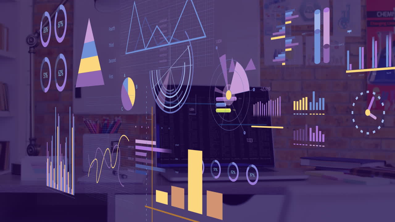 통계 및 금융 데이터 처리를 컴퓨터에서 빈 화면으로 애니메이션