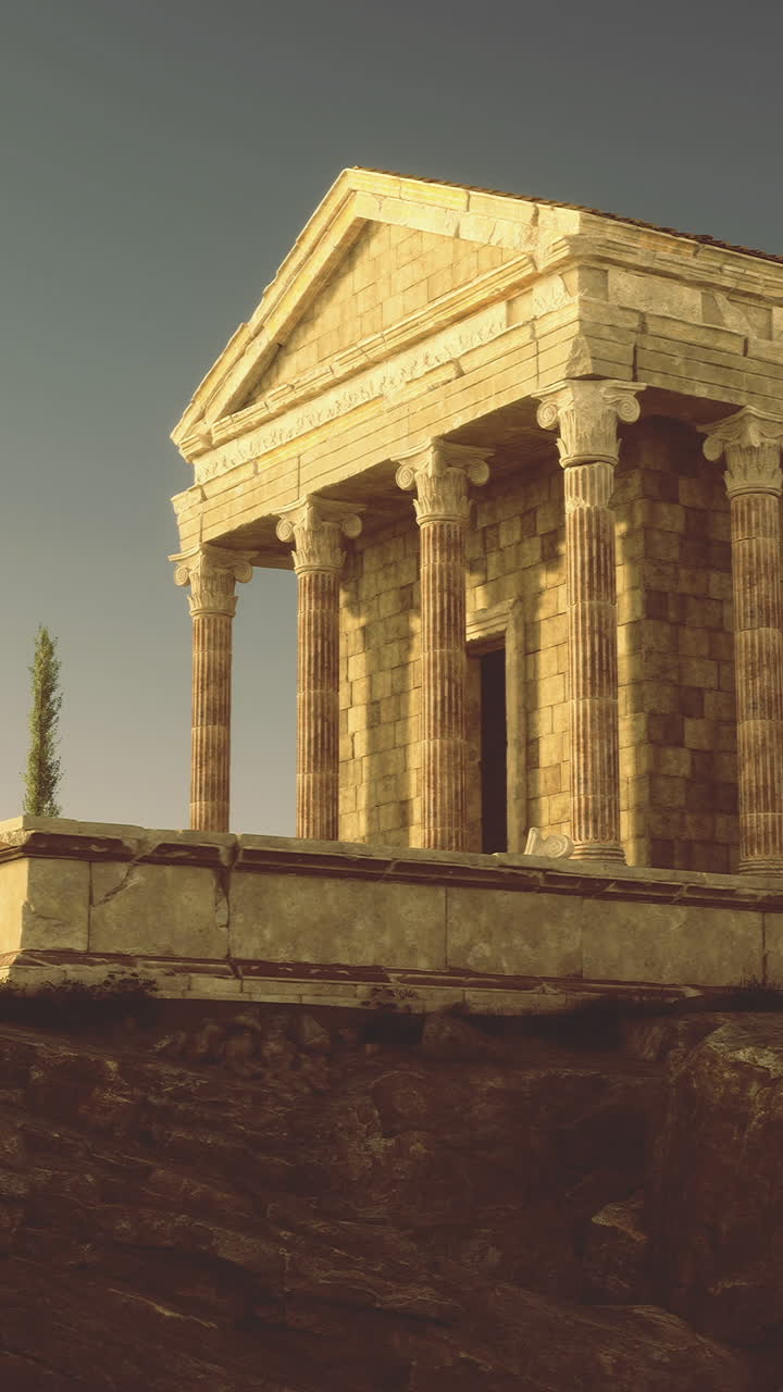 Antico tempio su un pendio roccioso sotto un cielo limpido al tramonto
