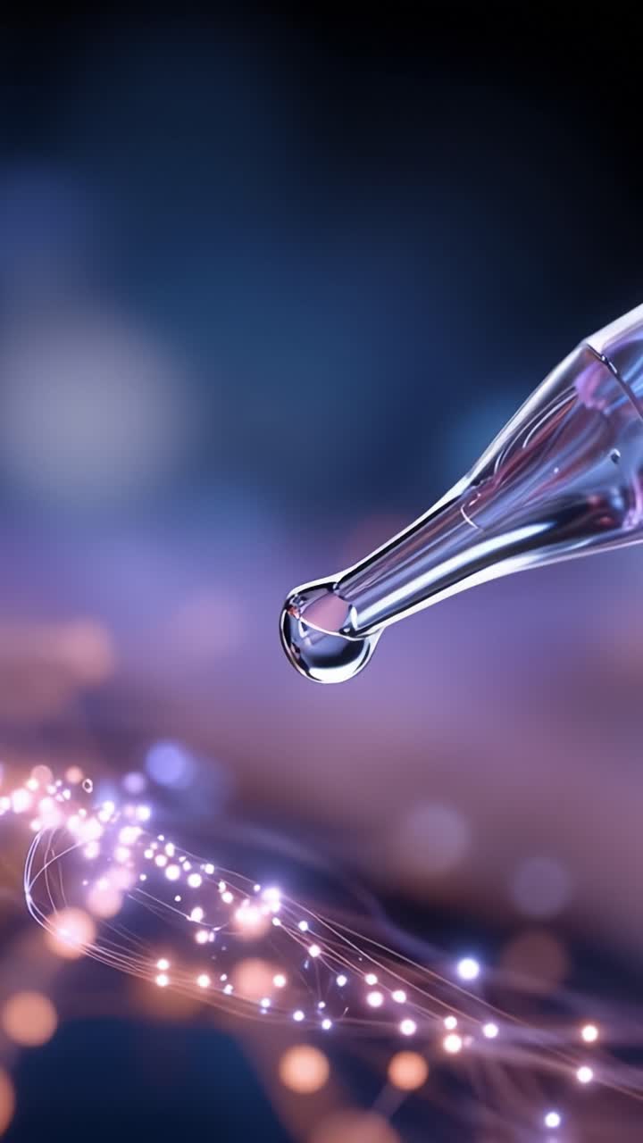 Momento Accattivante di una Pipetta che Rilascia una Gocciolina, Creando uno Splendido Effetto a Onde su una Superficie Valorizzata da Luci e Colori Vibranti.