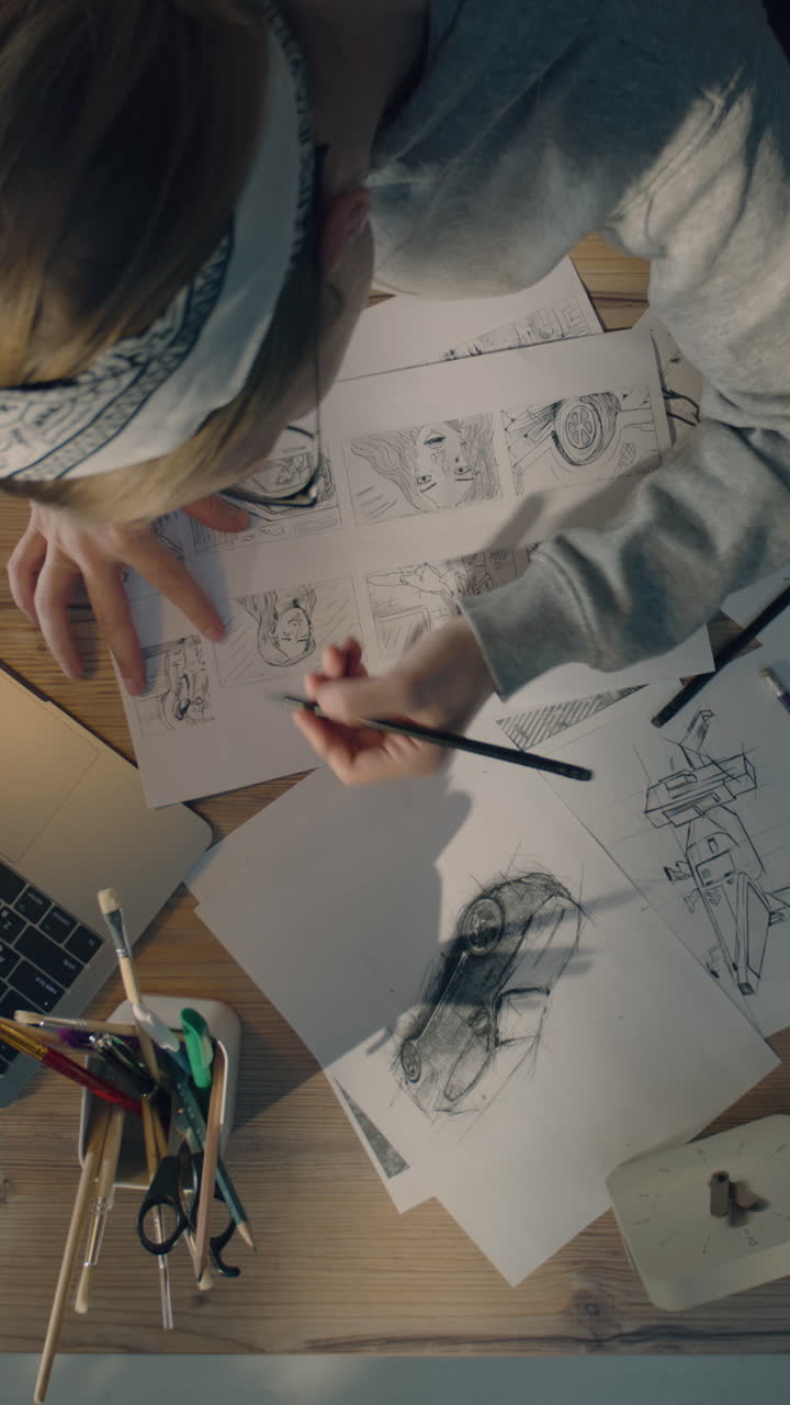 dibujante trabajando en el guión gráfico