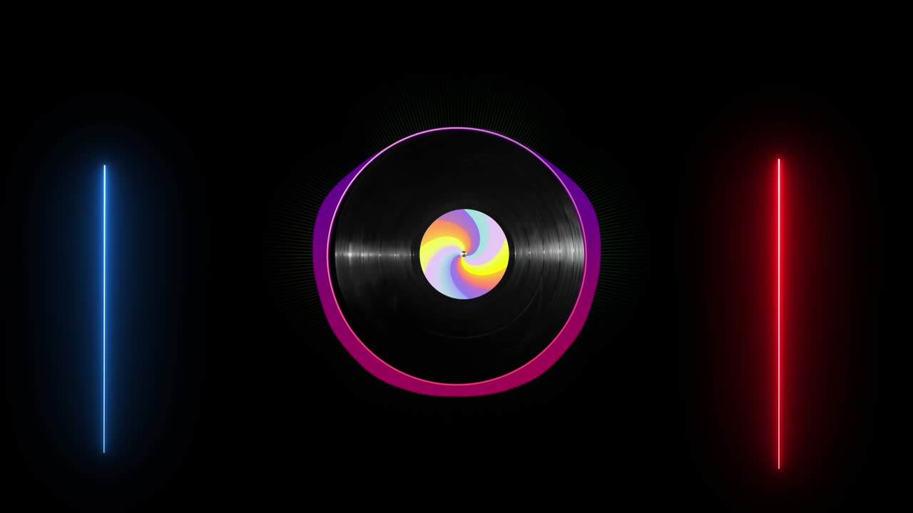 빛나는 네온 라인 및 비닐 디스크와 다채로운 스티커 회전 및 시각 오디오 라인이 검은 바탕에 음악의 비트에.
