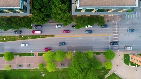 drone footage looks straight down at rush hour traffic from west cesar chavez street in austin texas