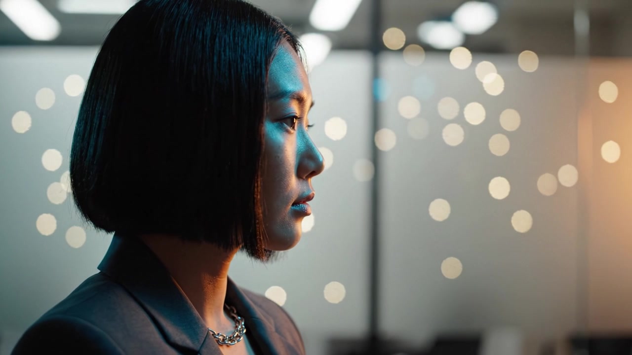 A contemplative woman with a bob haircut gazes thoughtfully in a serene office atmosphere filled with soft glowing lights, conveying a sense of introspection and focus.