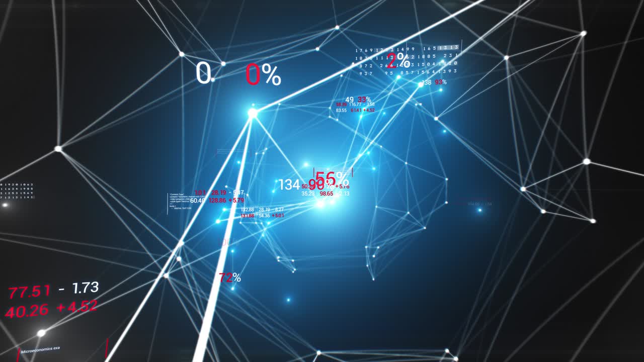Abstrakt voksende blåt netværk med økonomi-inspirerede cifre og tekst. Sømløs. Loopet 3D-animation af et lyst netværk i cyberspace med blinkende lys. Forretningskoncept