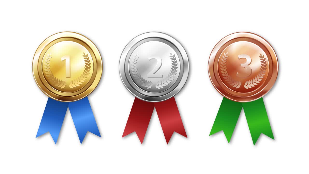 medallas de oro, plata y bronce con cintas