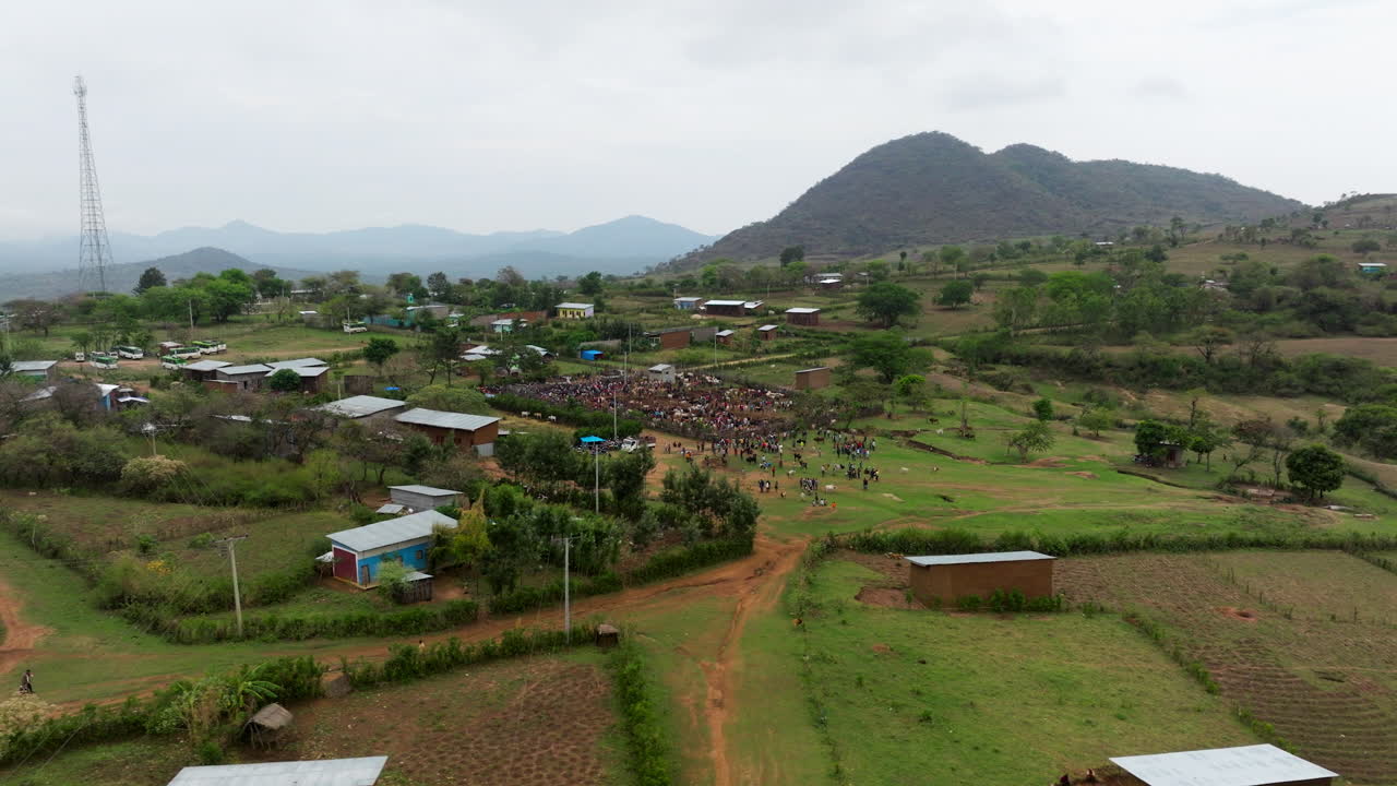 Aerial of tribal animal market in Kako village, Ethiopia