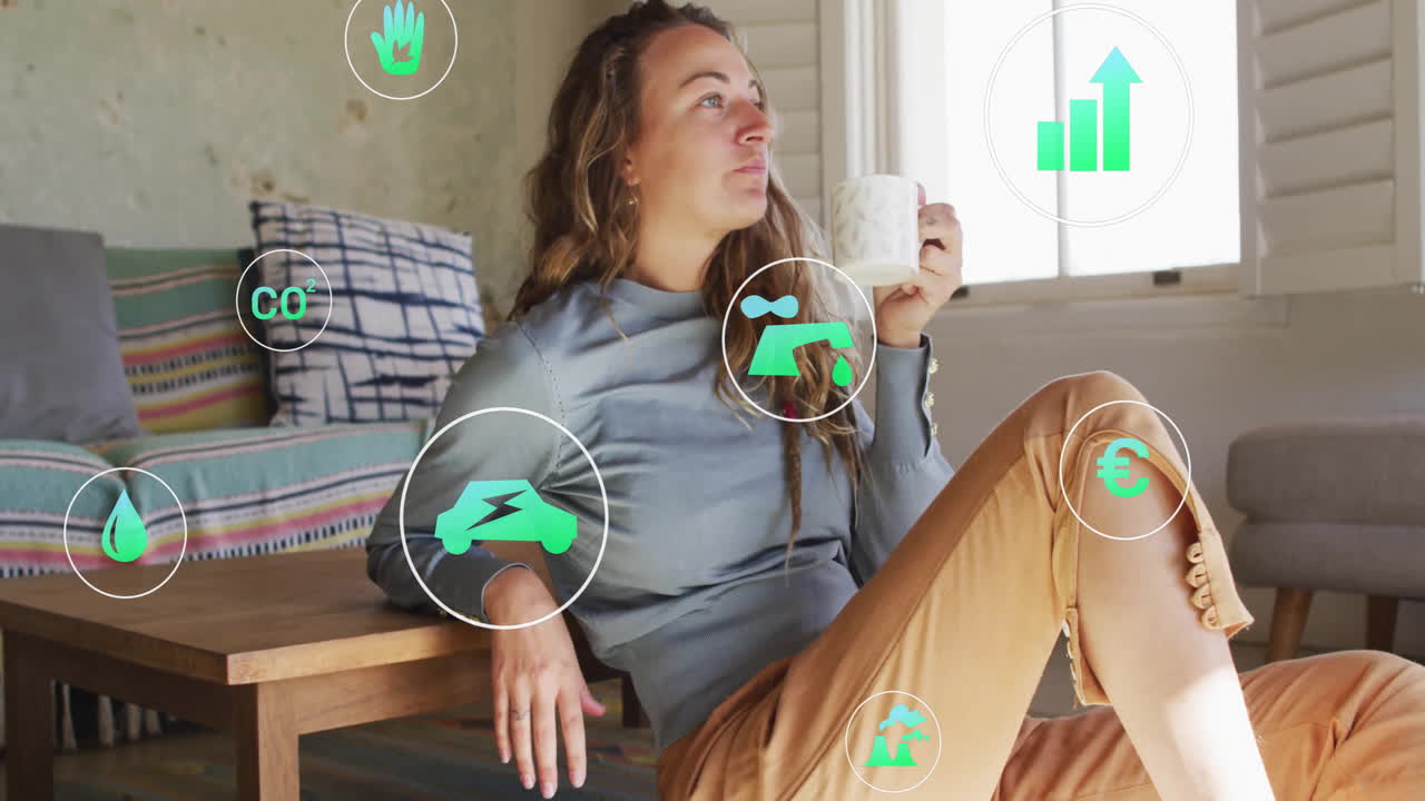 Relaxing with coffee, woman surrounded by eco-friendly technology animation at home