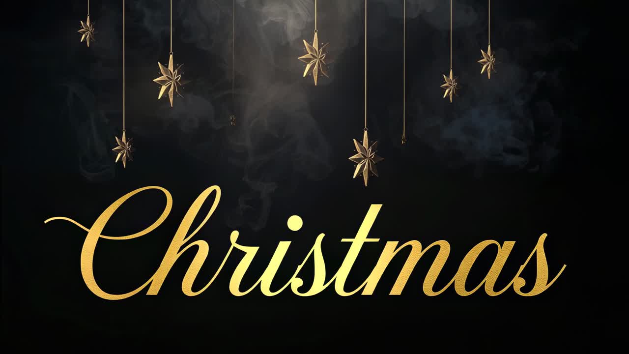 Opening studio scene with drifting smoke showcasing hanging golden stars and cursive Christmas text