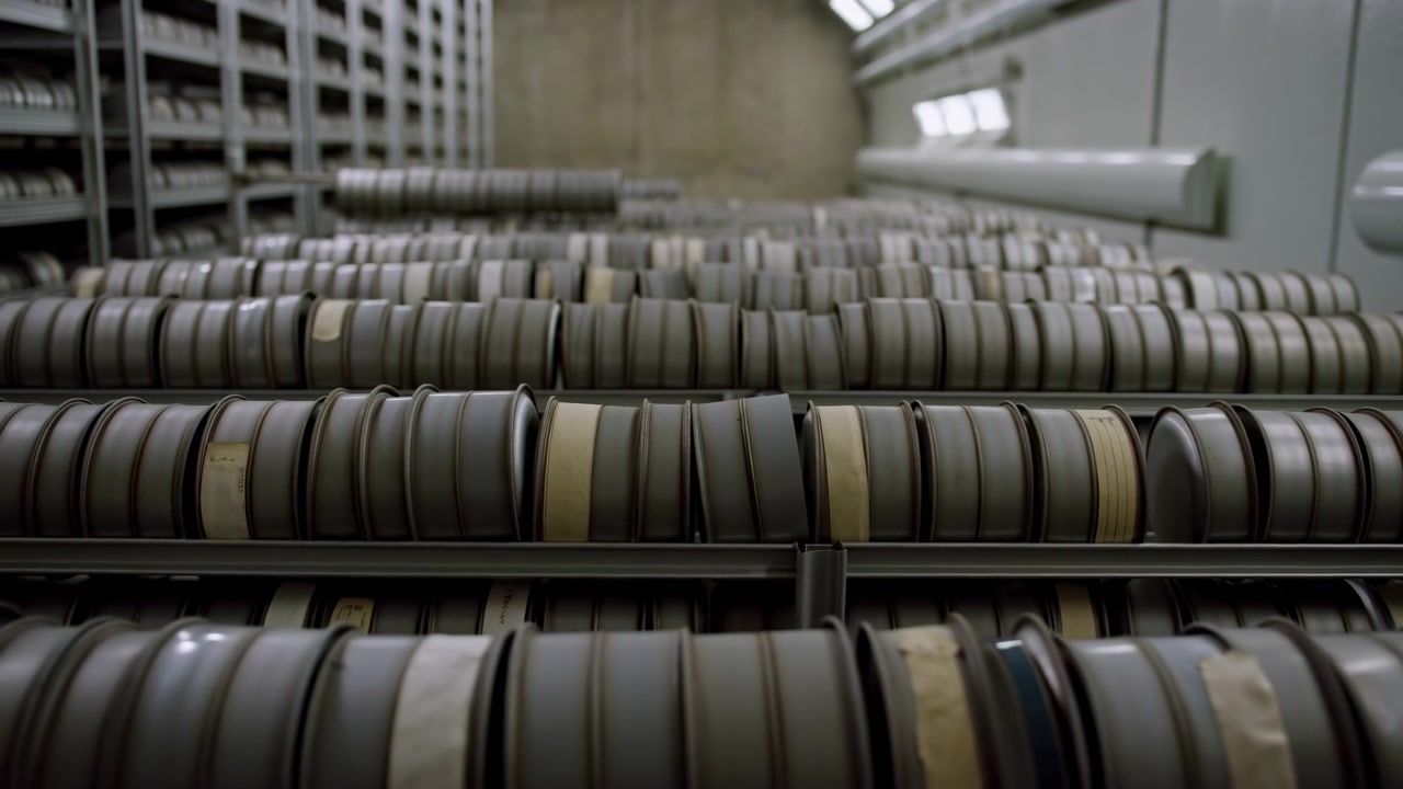 Archive Room Filled With Film Reels, Rows Of Metal Canisters And Spools On Industrial Shelves, Dim Cool
